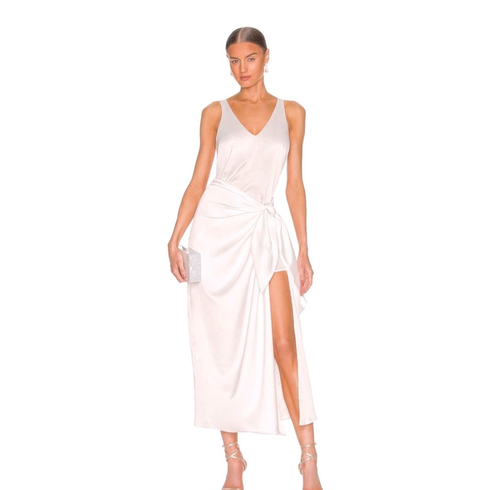 SHOW ME YOUR MUMU Hampton Tie Wrap Dress in Ivory Luxe Satin Bridal White Medium